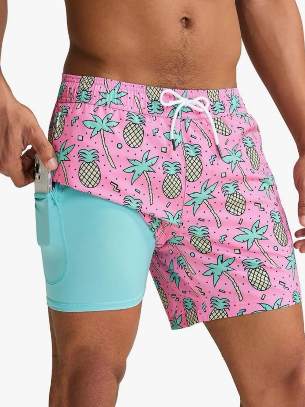 Men's Pink Pineapple Print Swim Hybrids with Aqua Liner